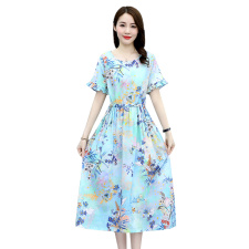 小碎花连衣裙女夏2025新款收腰显瘦气质短袖裙子休闲印花棉麻长裙，女装连衣裙，倪叶myz