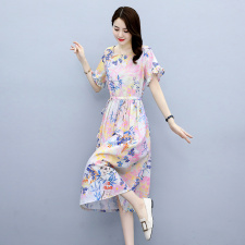 小碎花连衣裙女夏2025新款收腰显瘦气质短袖裙子休闲印花棉麻长裙，女装连衣裙，倪叶myz