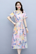 小碎花连衣裙女夏2025新款收腰显瘦气质短袖裙子休闲印花棉麻长裙，女装连衣裙，倪叶myz