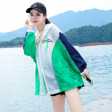 撞色拼接防晒衣女中长款夏季新款2024休闲户外薄款透气冲锋衣外套，女装防晒衣，帛香坊