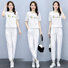 欧货洋气休闲时尚套装女2023年夏装新款蕾丝束脚裤两件套减龄显瘦，女装套装/套裙，梦依杭