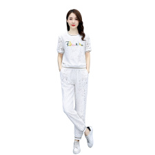 欧货洋气休闲时尚套装女2023年夏装新款蕾丝束脚裤两件套减龄显瘦，女装套装/套裙，梦依杭