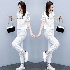 欧货洋气休闲时尚套装女2023年夏装新款蕾丝束脚裤两件套减龄显瘦，女装套装/套裙，梦依杭