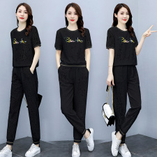 欧货洋气休闲时尚套装女2023年夏装新款蕾丝束脚裤两件套减龄显瘦，女装套装/套裙，梦依杭