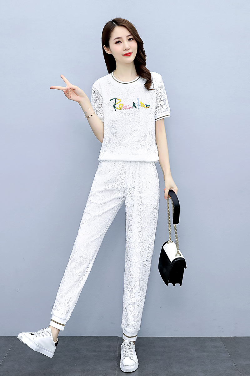欧货洋气休闲时尚套装女2023年夏装新款蕾丝束脚裤两件套减龄显瘦，女装套装/套裙，梦依杭