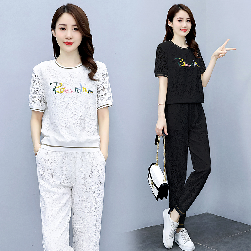 欧货洋气休闲时尚套装女2023年夏装新款蕾丝束脚裤两件套减龄显瘦，女装套装/套裙，梦依杭