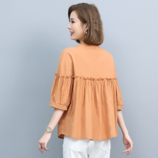 2021夏季新款简约时尚气质圆领单排扣门襟花边褶皱休闲上衣，女装T恤，悦见她