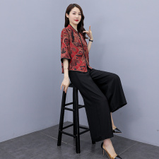 时尚套装2024夏装新款复古印花上衣阔腿裤宽松休闲舒适两件套装，女装套装/套裙，华秀衣