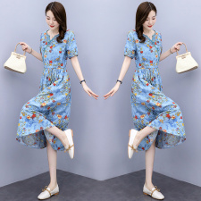 棉麻连衣裙夏2022新款洋气减龄收腰显瘦时尚翻领拼接碎花亚麻裙子，女装连衣裙，香水丽阁