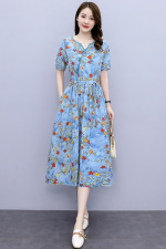 棉麻连衣裙夏2022新款洋气减龄收腰显瘦时尚翻领拼接碎花亚麻裙子，女装连衣裙，香水丽阁