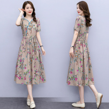 棉麻连衣裙夏2022新款洋气减龄收腰显瘦时尚翻领拼接碎花亚麻裙子，女装连衣裙，香水丽阁