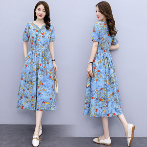 棉麻连衣裙夏2022新款洋气减龄收腰显瘦时尚翻领拼接碎花亚麻裙子,女装连衣裙,香水丽阁