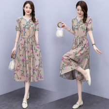 棉麻连衣裙夏2022新款洋气减龄收腰显瘦时尚翻领拼接碎花亚麻裙子，女装连衣裙，香水丽阁