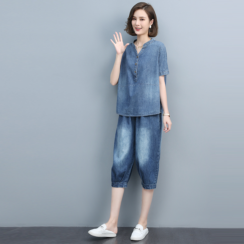 2021夏季时尚简约大方气质优雅牛仔宽松两件套，女装套装/套裙，悦见她