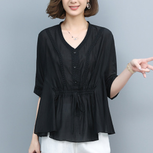 2024夏季新款简约时尚气质收腰显瘦文艺舒适休闲上衣女休闲T减龄，女装T恤，莜菲儿