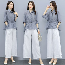 2025棉麻套装女夏季时尚亚麻苎麻减龄复古衬衫女装阔腿裤两件套潮，女装套装/套裙，水衣源