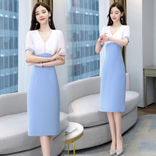 2022夏季新款简约时尚优雅气质V领拼色收腰修身显瘦连衣裙，女装连衣裙，火爆靓佳人