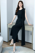 2024夏季新款简约时尚气质圆领宽松休闲舒适收腰纯色两件套，女装套装/套裙，卡杰菲