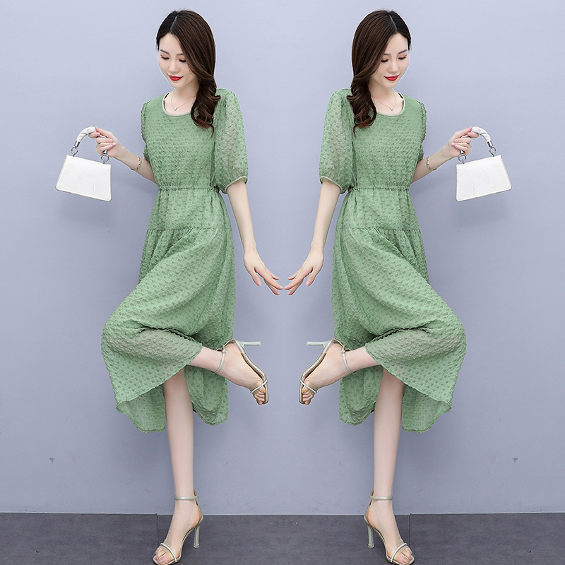 现货新款2021年夏季气质时尚文艺系带短袖圆领中长款连衣裙，女装连衣裙，盈茜