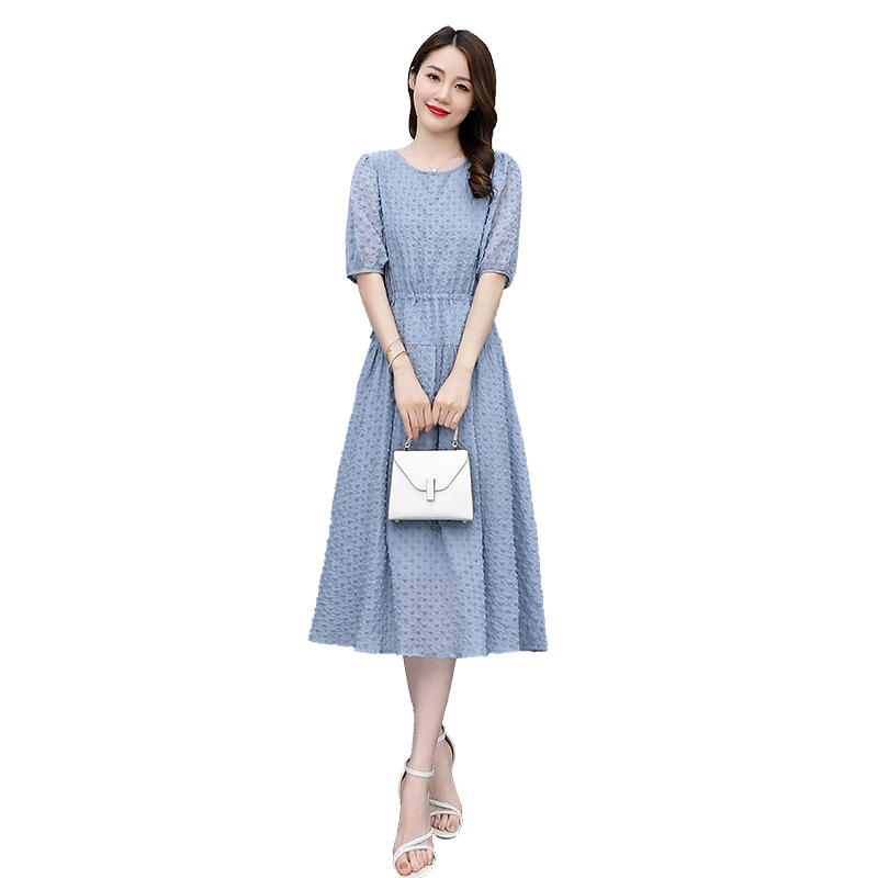 现货新款2021年夏季气质时尚文艺系带短袖圆领中长款连衣裙，女装连衣裙，盈茜