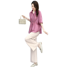 折扣年轻妈妈套装女夏新款时尚休闲大码亚麻衬衫夏装两件套，女装套装/套裙，关键词