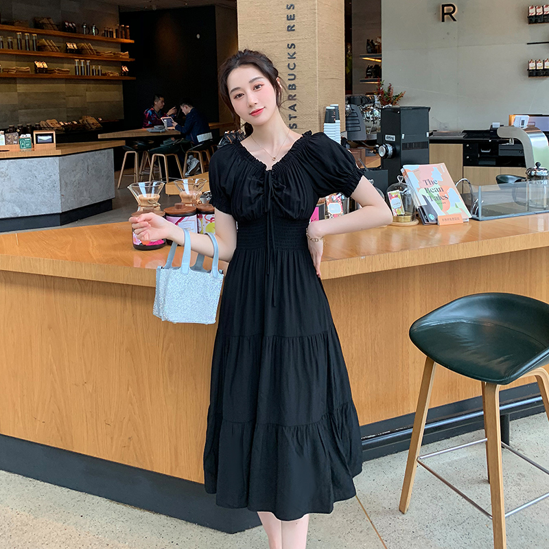 连衣裙夏装2021新款女气质v领长裙收腰抽绳a字雪纺裙,a字裙穿搭雪纺