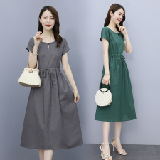 棉麻连衣裙女纯色2024新款夏季气质翻领妈妈收腰遮肚短袖亚麻长裙，女装连衣裙，鑫思依格