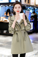 2024年春秋风衣女中长款小个子新款韩版宽松显瘦黑色休闲连帽外套，女装风衣，悦祺