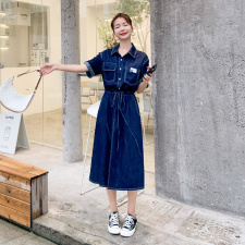 牛仔连衣裙2021夏季新款潮流时尚个性气质翻领抽绳系带收腰牛仔裙，女装连衣裙，帛香坊