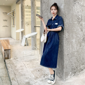 牛仔连衣裙2021夏季新款潮流时尚个性气质翻领抽绳系带收腰牛仔裙，女装连衣裙，帛香坊