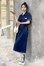 牛仔连衣裙2021夏季新款潮流时尚个性气质翻领抽绳系带收腰牛仔裙，女装连衣裙，帛香坊