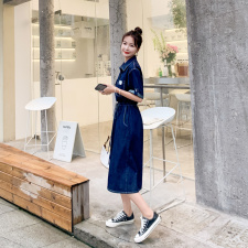 牛仔连衣裙2021夏季新款潮流时尚个性气质翻领抽绳系带收腰牛仔裙，女装连衣裙，帛香坊