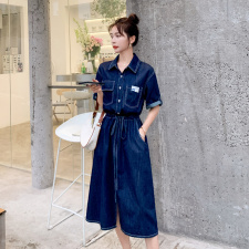 牛仔连衣裙2021夏季新款潮流时尚个性气质翻领抽绳系带收腰牛仔裙，女装连衣裙，帛香坊