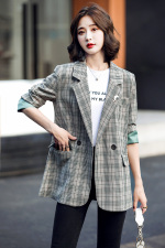 2021秋季时尚简约大方气质优雅收腰显瘦西装格子外套，女装西装，一安秀
