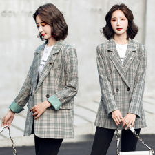 2021秋季时尚简约大方气质优雅收腰显瘦西装格子外套，女装西装，一安秀