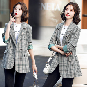 2021秋季时尚简约大方气质优雅收腰显瘦西装格子外套，女装西装，一安秀