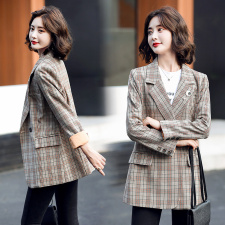 2021秋季时尚简约大方气质优雅收腰显瘦西装格子外套，女装西装，一安秀