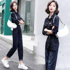 连体裤女2025春秋时尚简约收腰显瘦休闲炸街百搭衬衫领工装连衣裤，女装套装/套裙，E百度
