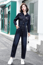 连体裤女2025春秋时尚简约收腰显瘦休闲炸街百搭衬衫领工装连衣裤，女装套装/套裙，E百度