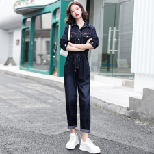 连体裤女2025春秋时尚简约收腰显瘦休闲炸街百搭衬衫领工装连衣裤，女装套装/套裙，E百度