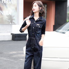 连体裤女2025春秋时尚简约收腰显瘦休闲炸街百搭衬衫领工装连衣裤，女装套装/套裙，E百度