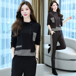 2024秋季新款简约时尚优雅气质个性衣领格子拼接休闲舒适两件套，女装套装/套裙，依路服饰