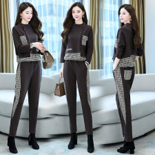 2024秋季新款简约时尚优雅气质个性衣领格子拼接休闲舒适两件套，女装套装/套裙，依路服饰