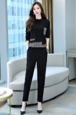 2024秋季新款简约时尚优雅气质个性衣领格子拼接休闲舒适两件套，女装套装/套裙，依路服饰