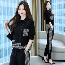 2024秋季新款简约时尚优雅气质个性衣领格子拼接休闲舒适两件套，女装套装/套裙，依路服饰