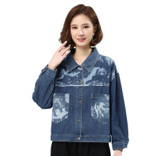 2021秋季新款时尚印花水洗牛仔拼接外套，女装牛仔外套，叶笙衣