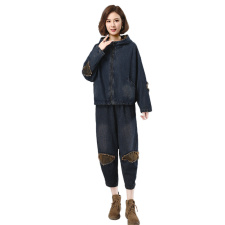 2021秋季新款时尚印花拼接水洗连帽牛仔套装，女装套装/套裙，叶笙衣