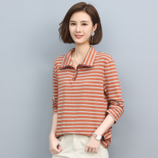 长期现货，2023年纯棉条纹T恤女长袖秋薄款小立领减龄显瘦上衣，女装卫衣/绒衫，涵誉