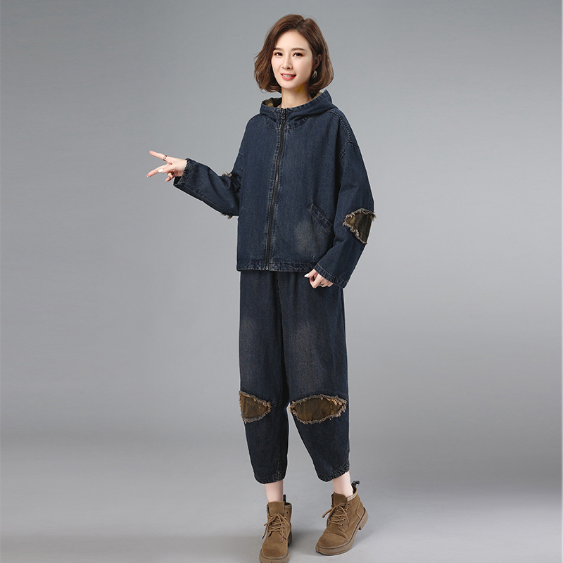 2021秋季新款时尚印花拼接水洗连帽牛仔套装，女装套装/套裙，叶笙衣