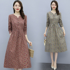 棉布碎花連衣裙女2023春季新款系帶收腰顯瘦復古氣質(zhì)盤扣文藝裙子，女裝連衣裙，鑫思依格
